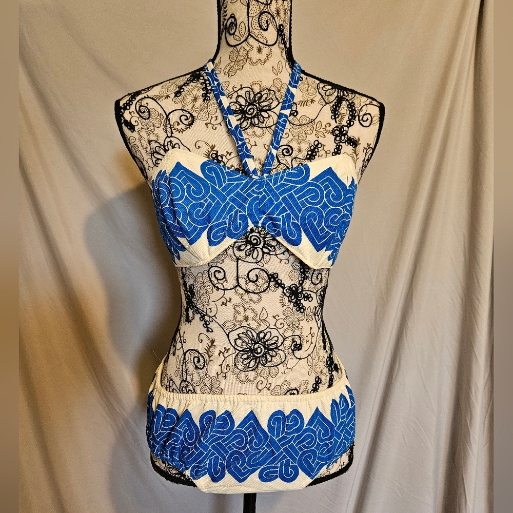 Vintage Blue and White Halter Bikini Set